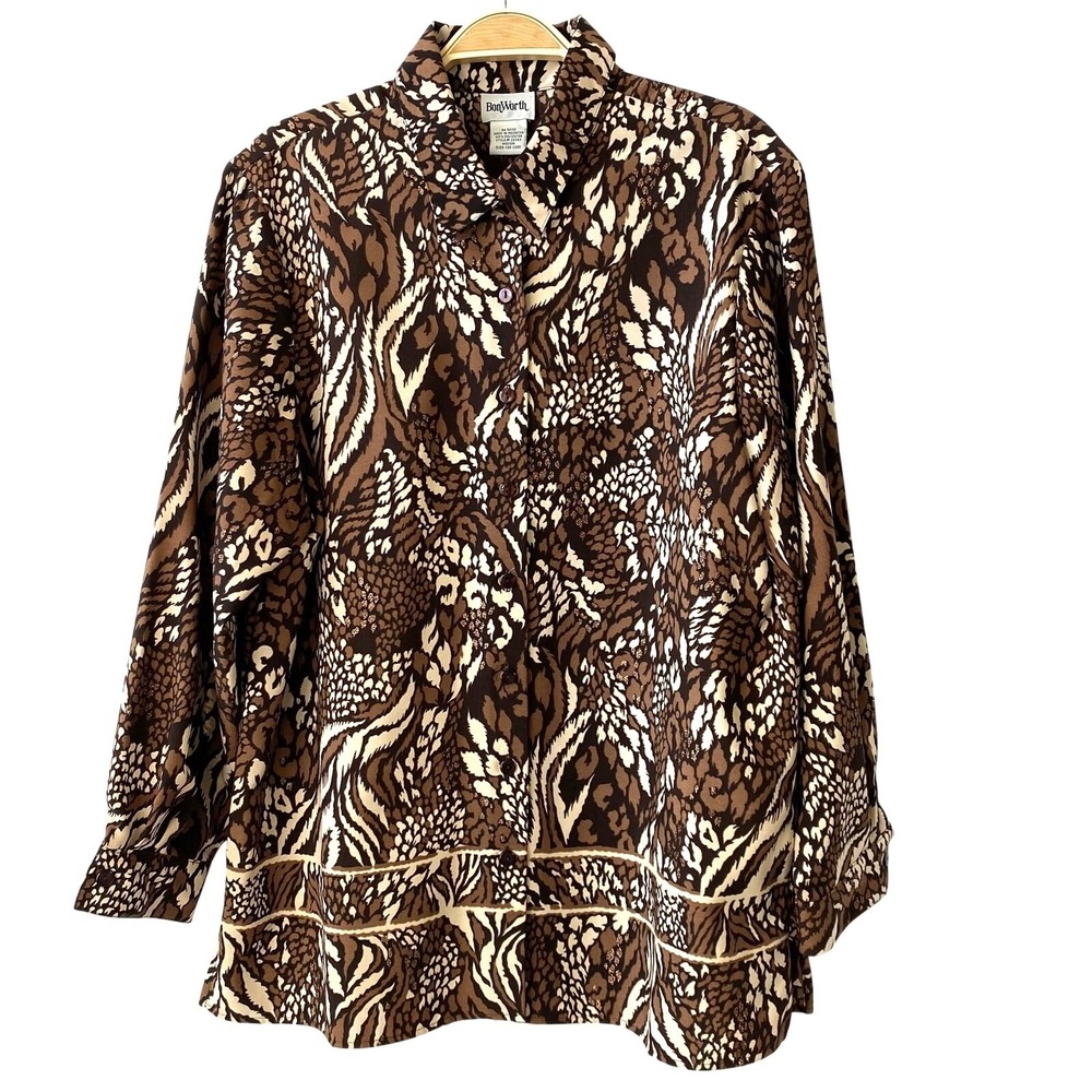 BonWorth Y2K Animal Print Button Down Shirt Women M Brown Sarafi Long Sleeve
